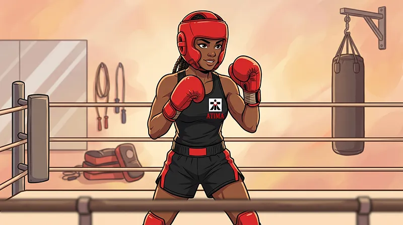 Animated female kickboxer wearing red headgear and gloves in a ring.