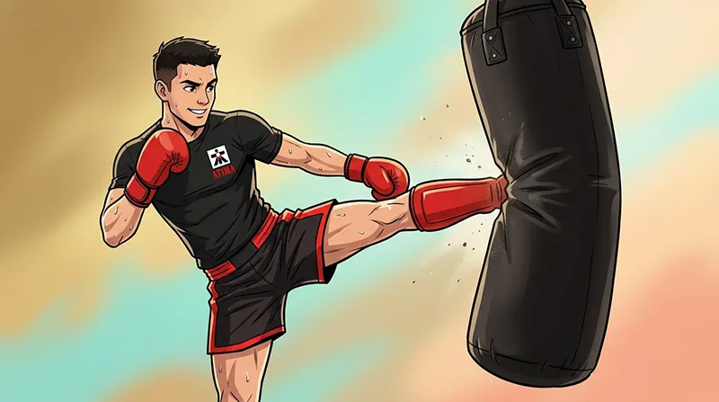 Alt Text: A kickboxer wearing red gloves and shin guards strikes a heavy bag at ATI Martial Arts.