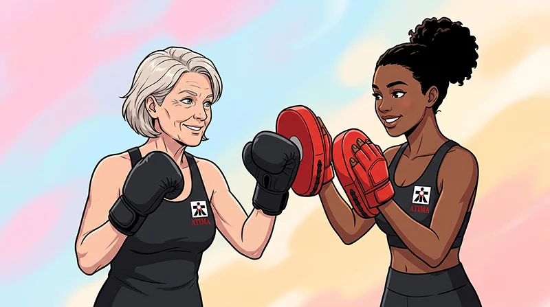 An older woman with boxing gloves smiling and punching focus mitts held by a younger ATI Martial Arts trainer