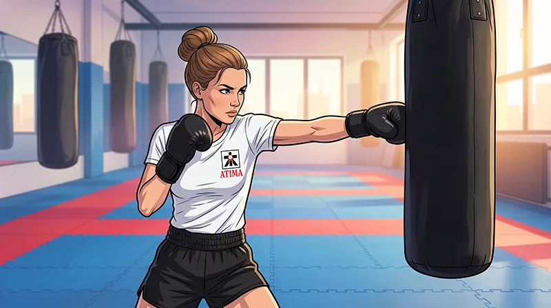 A woman wearing boxing gloves punches a heavy bag at an ATI Martial Arts gym.