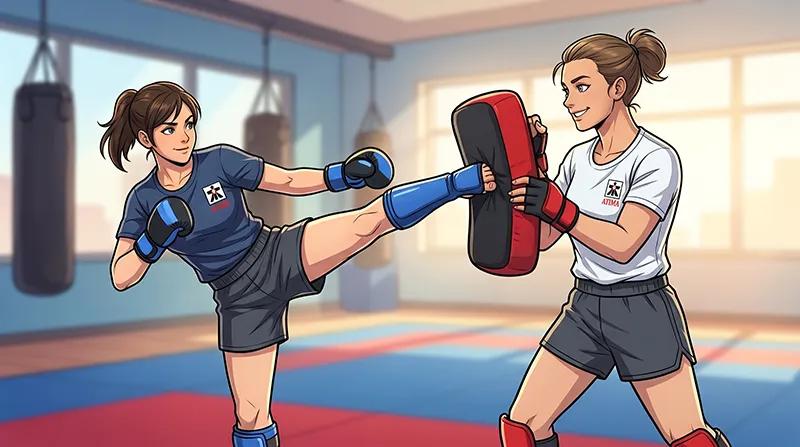 A woman practicing a high kick on a pad held by a partner at ATI Martial Arts.