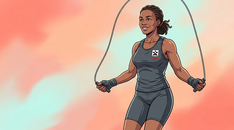 A smiling woman wearing hand wraps jumping rope at ATI.