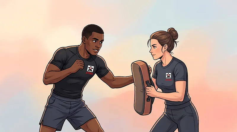 A man and woman practicing striking drills with a kick pad during an MMM class