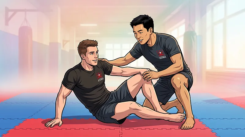 An ATI Martial Arts instructor guiding a seated adult student on the training mats.