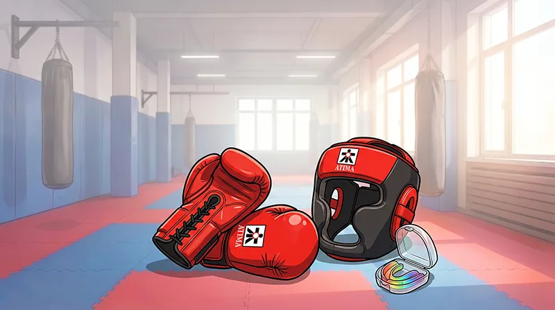 Red boxing gloves, headgear, and a mouthguard resting on a mat at ATI Martial Arts.