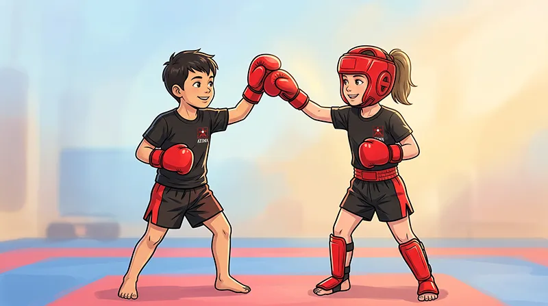 A boy and girl in sparring gear touch boxing gloves during a kids martial arts class