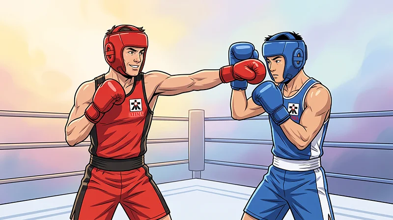 Two boxers wearing red and blue protective gear sparring in a ring at ATI Martial Arts.